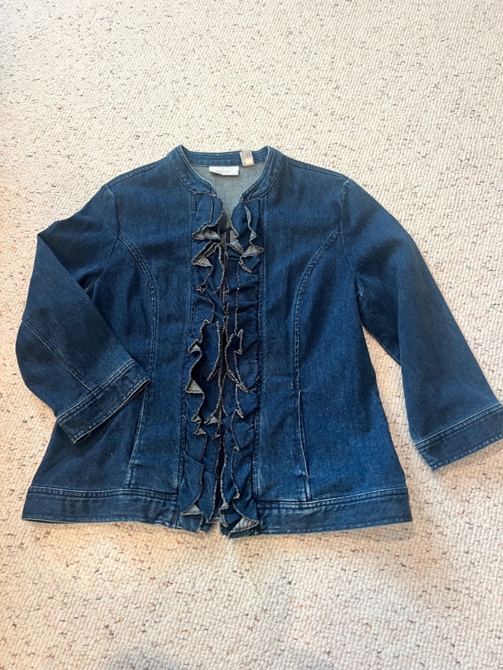 Chicos ruffled front denim jacket size 1